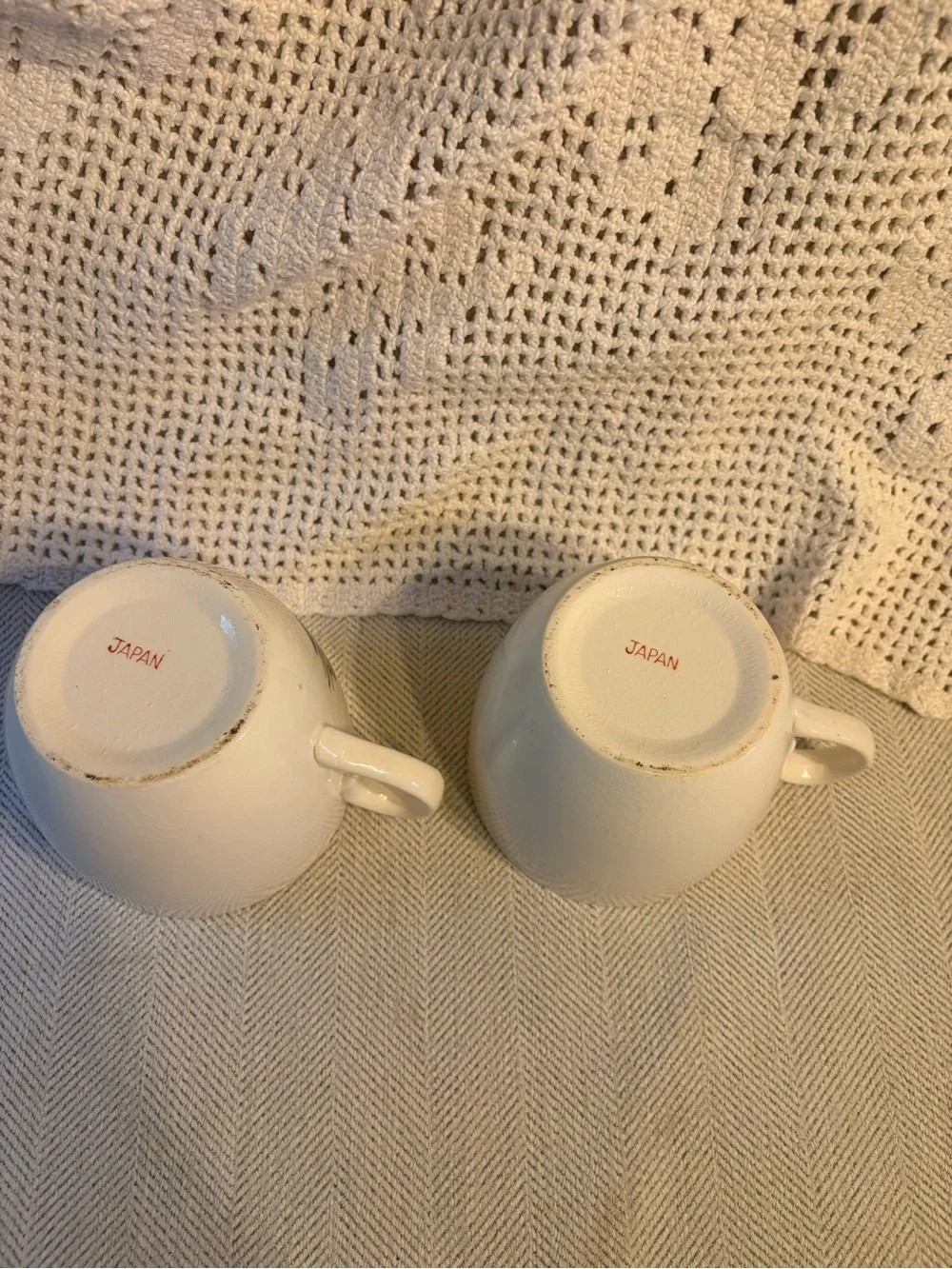 Vintage Maw and Paw Coffee Mugs with Green and Orange Rustic Print - Set of 2